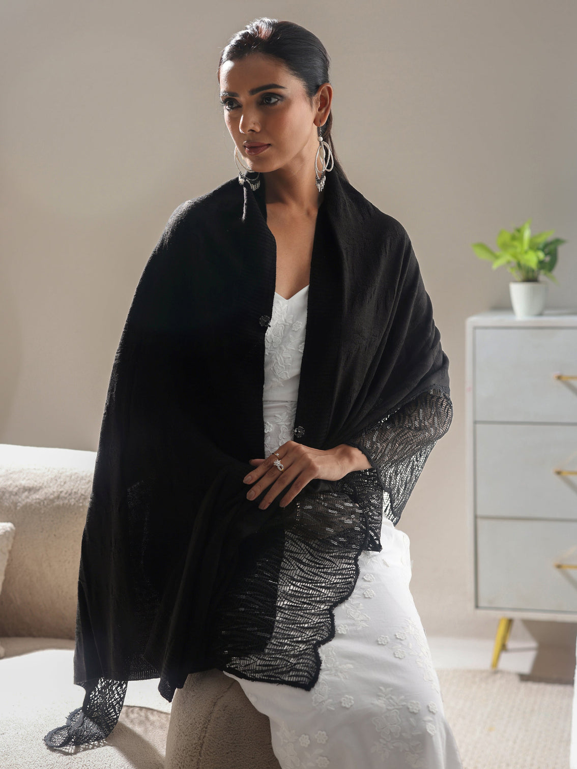 Mameraa Black Acrylic Wrap Shawl with Lace Border