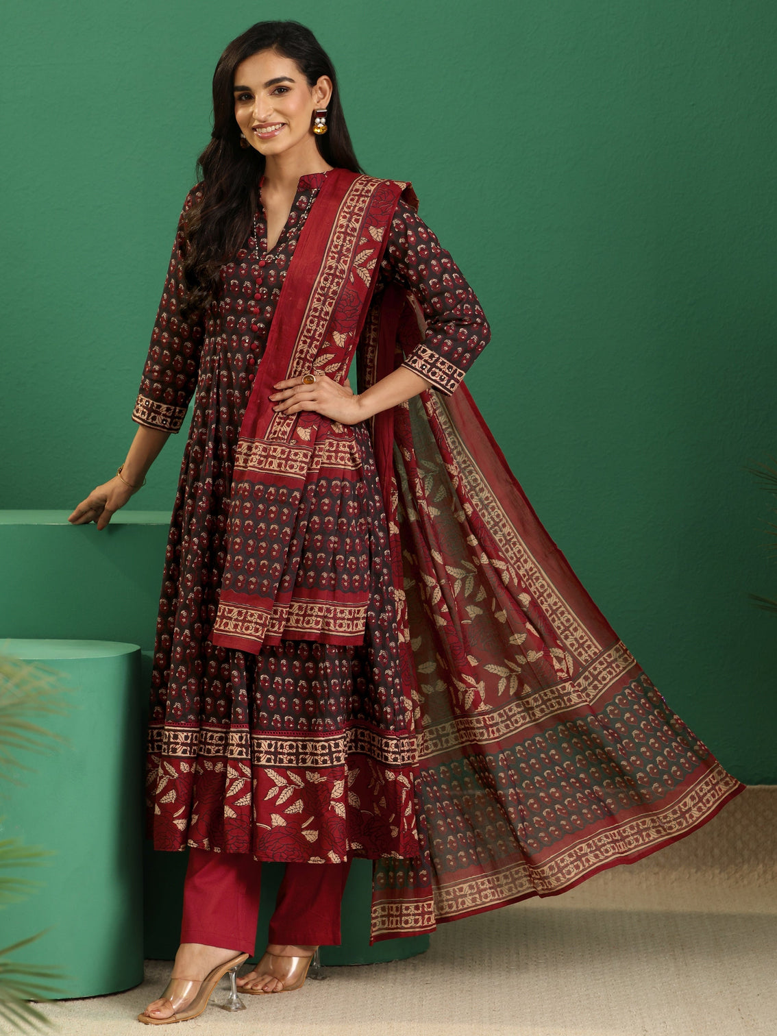Mameraa Black Ajrakh Cotton Anarkali Suit Set