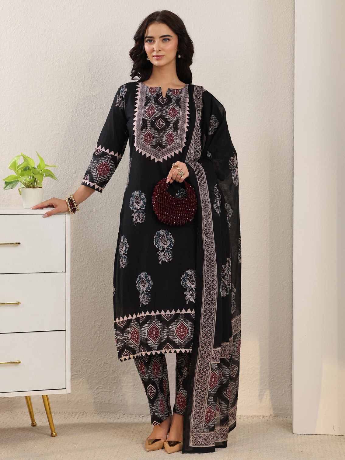Mameraa Black Ajrakh Cotton Straight Suit Set - Mameraa