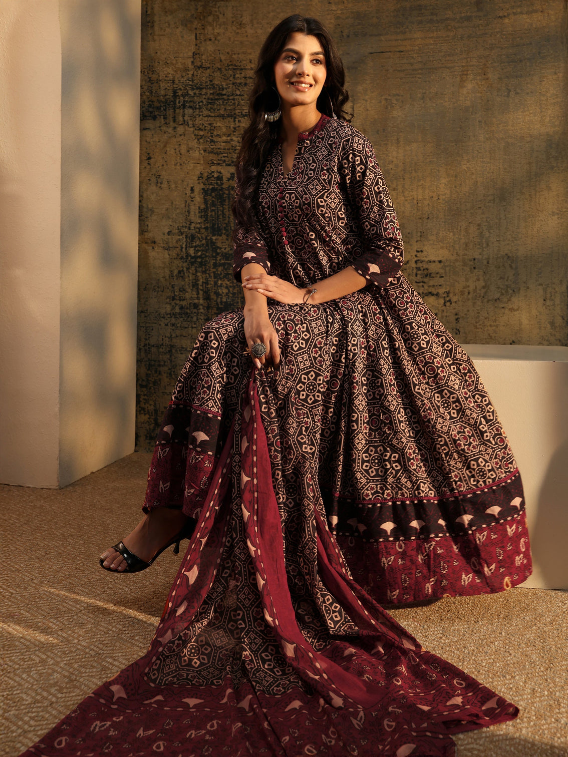 Mameraa Black Ajrakh Printed Cotton Anarkali Suit Set