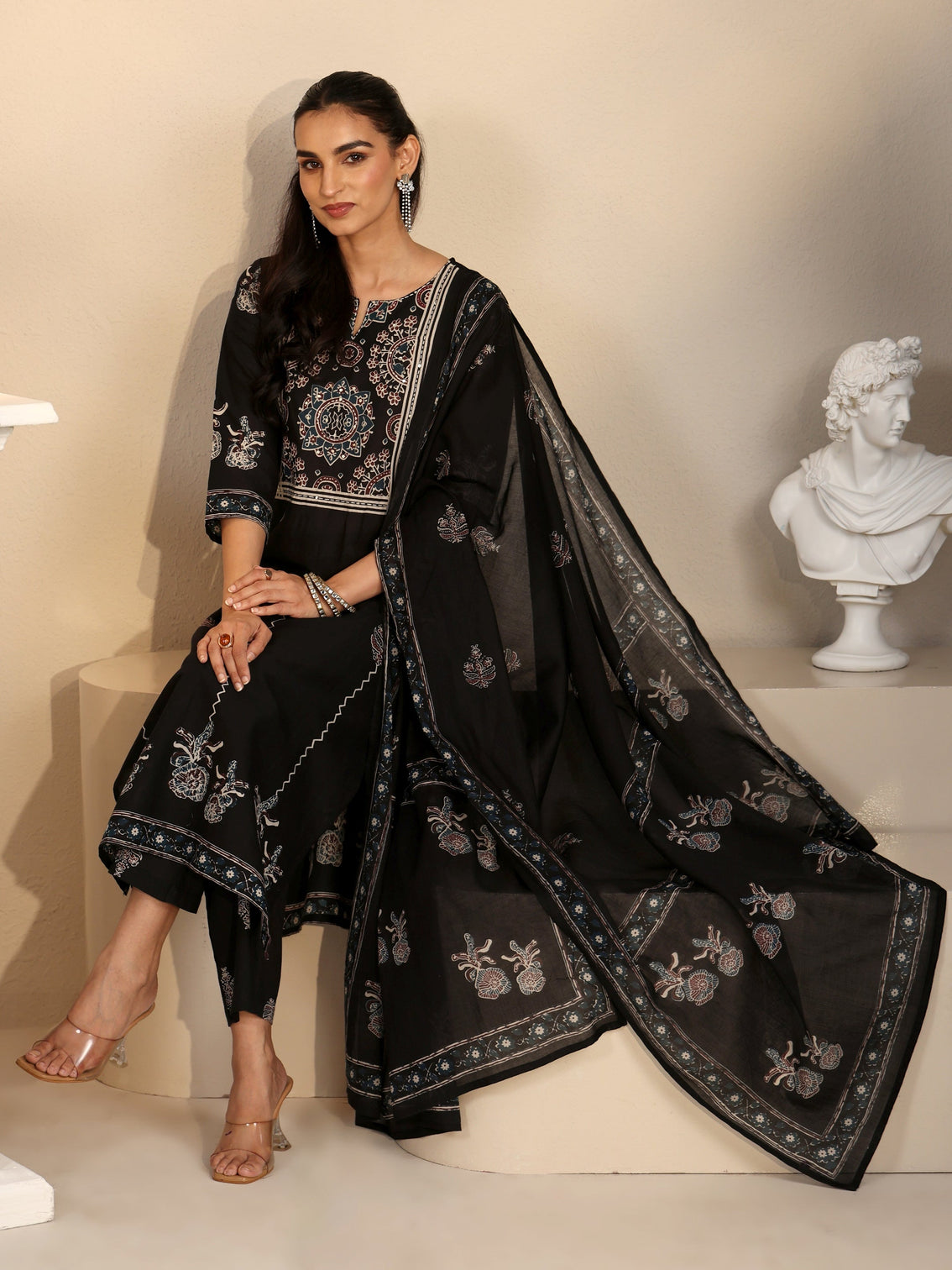 Mameraa Black Ajrakh Printed Cotton Straight Suit Set