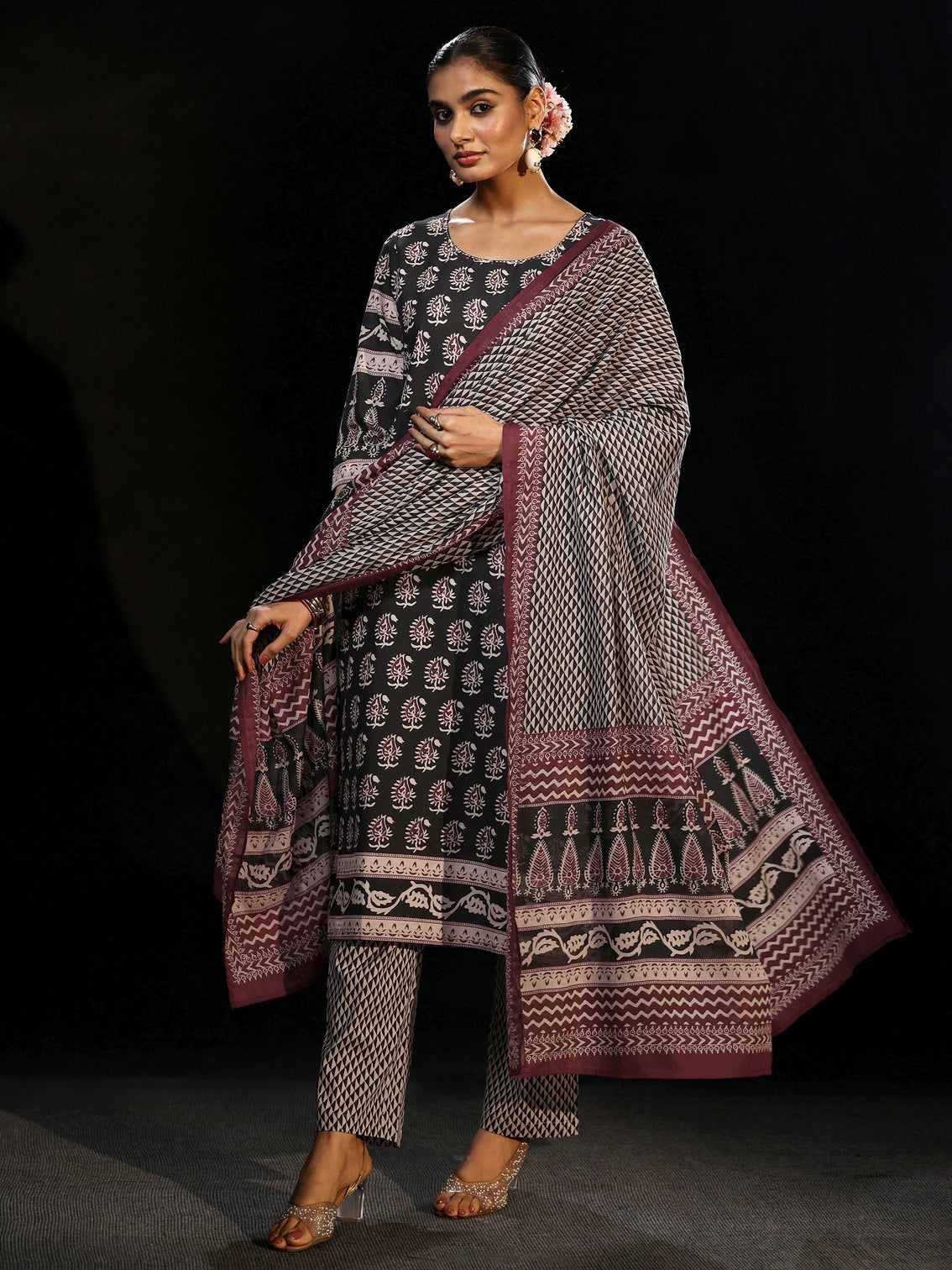 Mameraa Black Ajrakh Printed Cotton Straight Suit Set