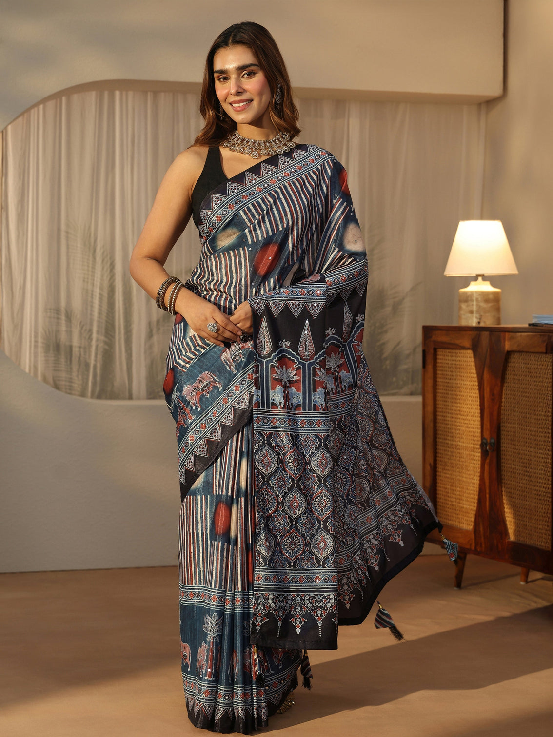 Mameraa Black Ajrakh Printed Satin Saree