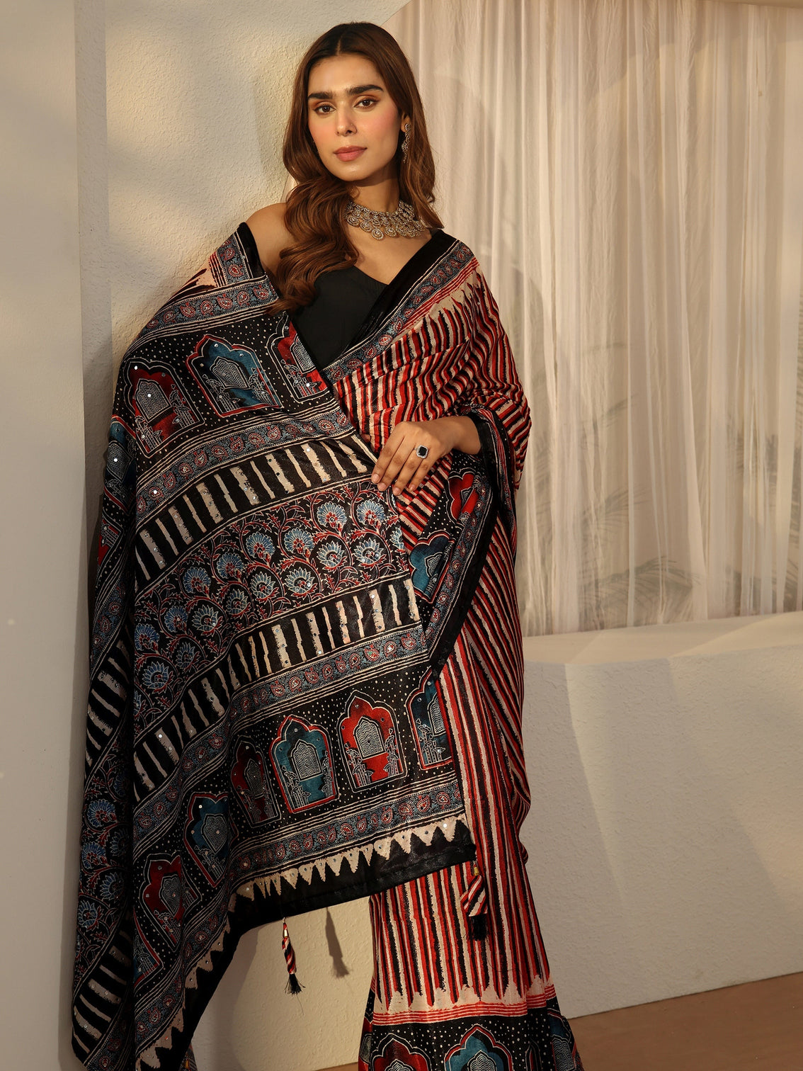 Mameraa Black Ajrakh Printed Satin Saree