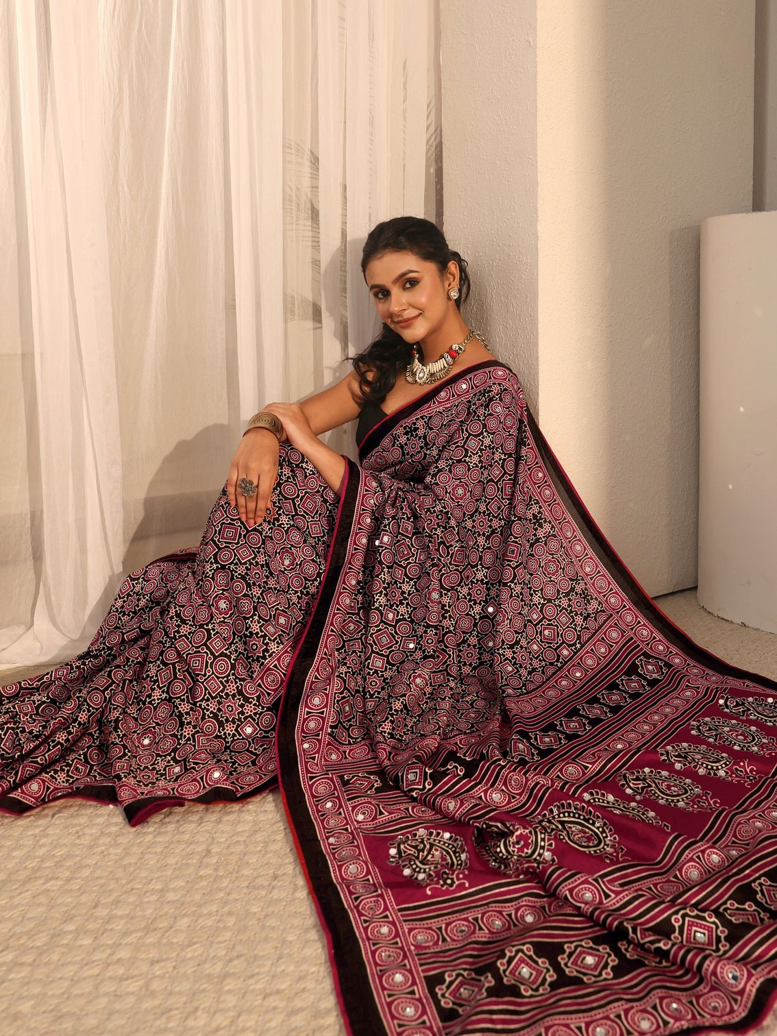 Mameraa Black Ajrakh Printed Silk Blend Saree