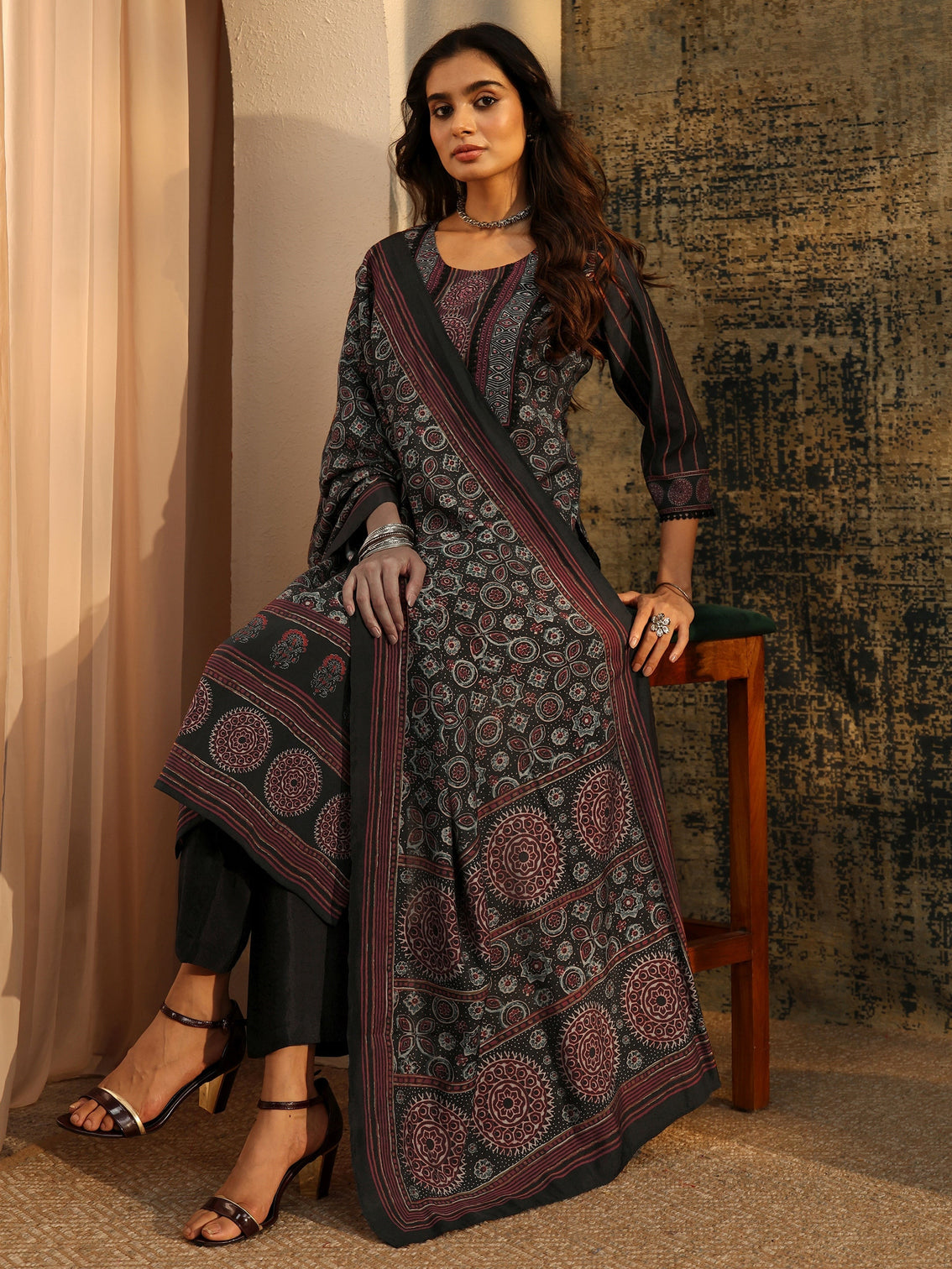Mameraa Black Ajrakh Silk Blend Straight Suit Set