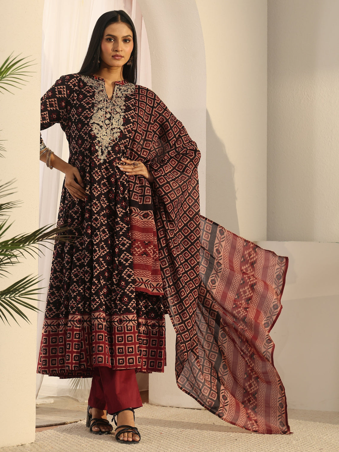 Mameraa Black Ajrakh Yoke Embroidered Cotton Anarkali Suit Set