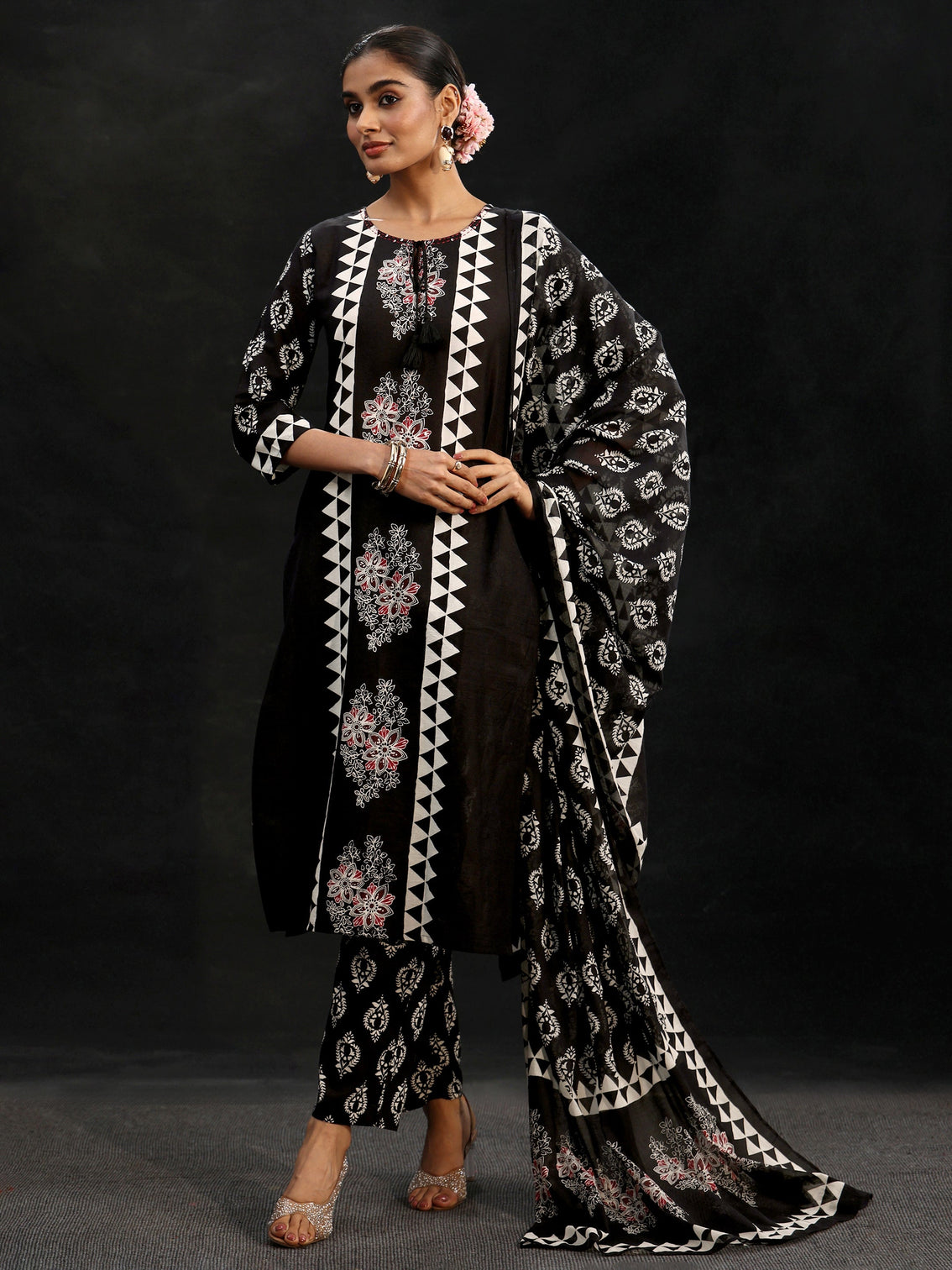 Mameraa Black Block Print Cotton Straight Suit Set