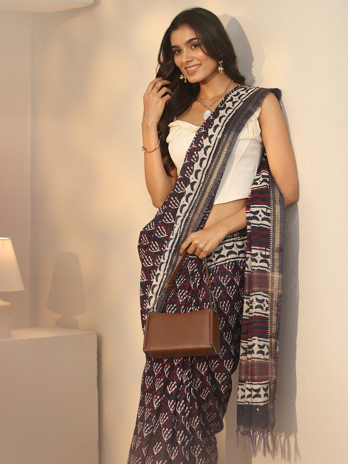 Mameraa Black Dabu Print Cotton Saree