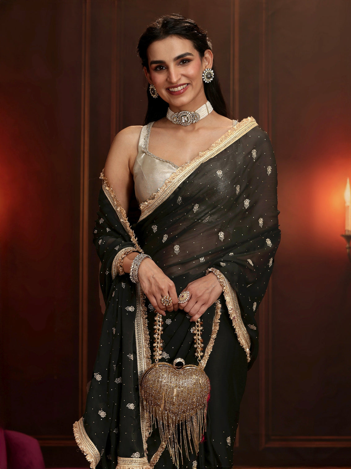 Mameraa Black Embellished Satin Saree - Mameraa