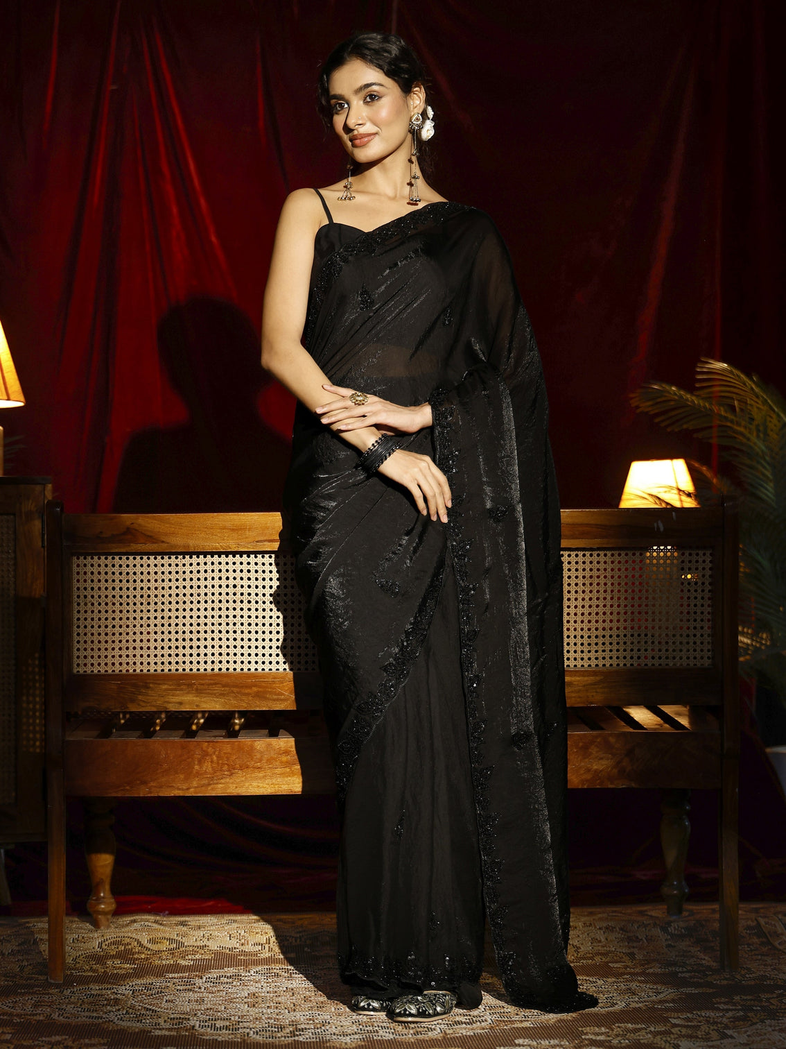 Mameraa Black Embellished Tissue Saree