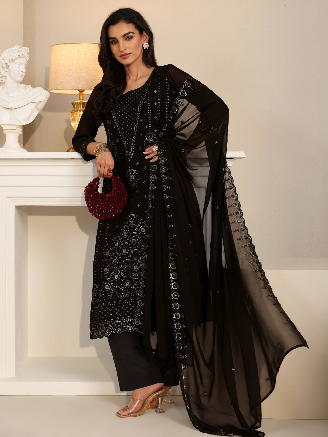 Mameraa Black Embroidered Georgette Straight Suit Set