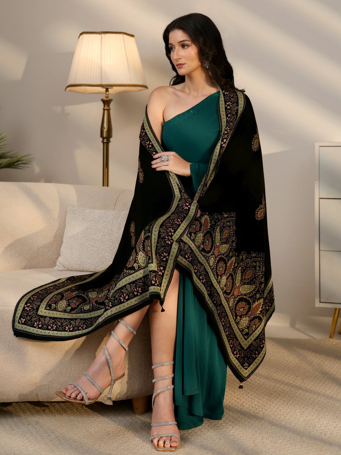 Mameraa Black Ethnic Knitted Acrylic Wrap Shawl