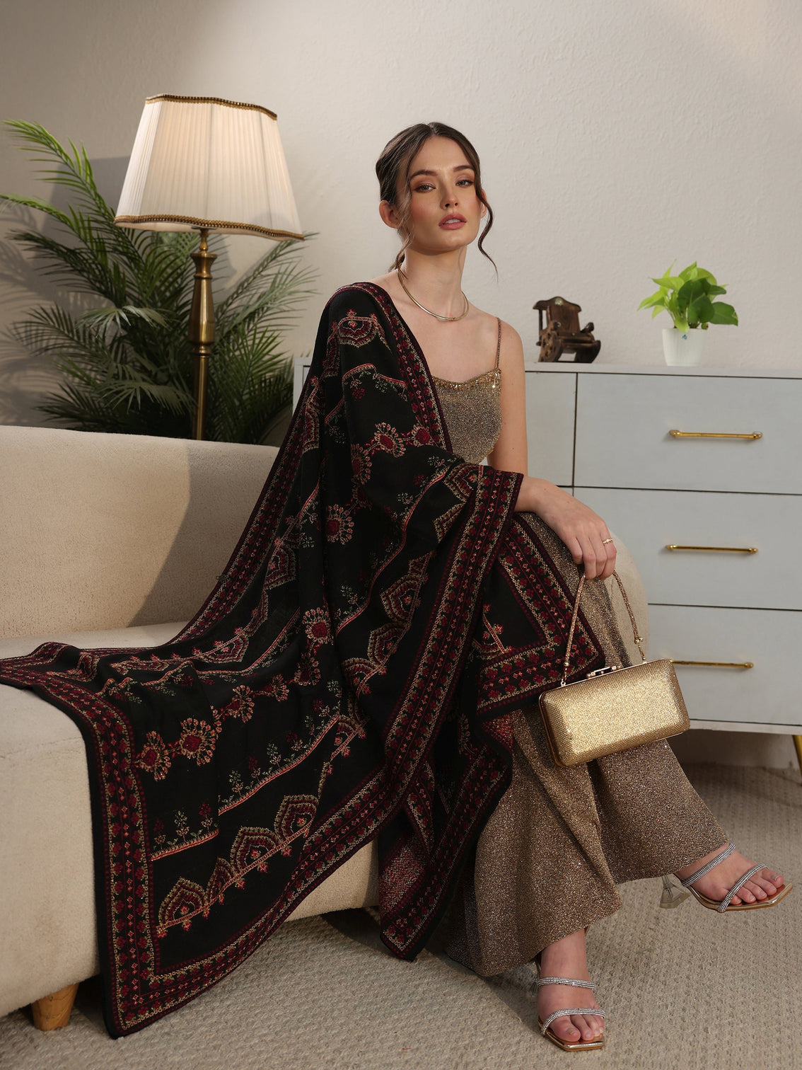 Mameraa Black Ethnic Knitted Acrylic Wrap Shawl