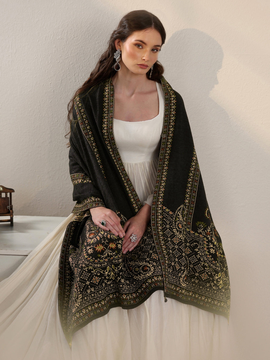 Mameraa Black Ethnic Knitted Acrylic Wrap Shawl