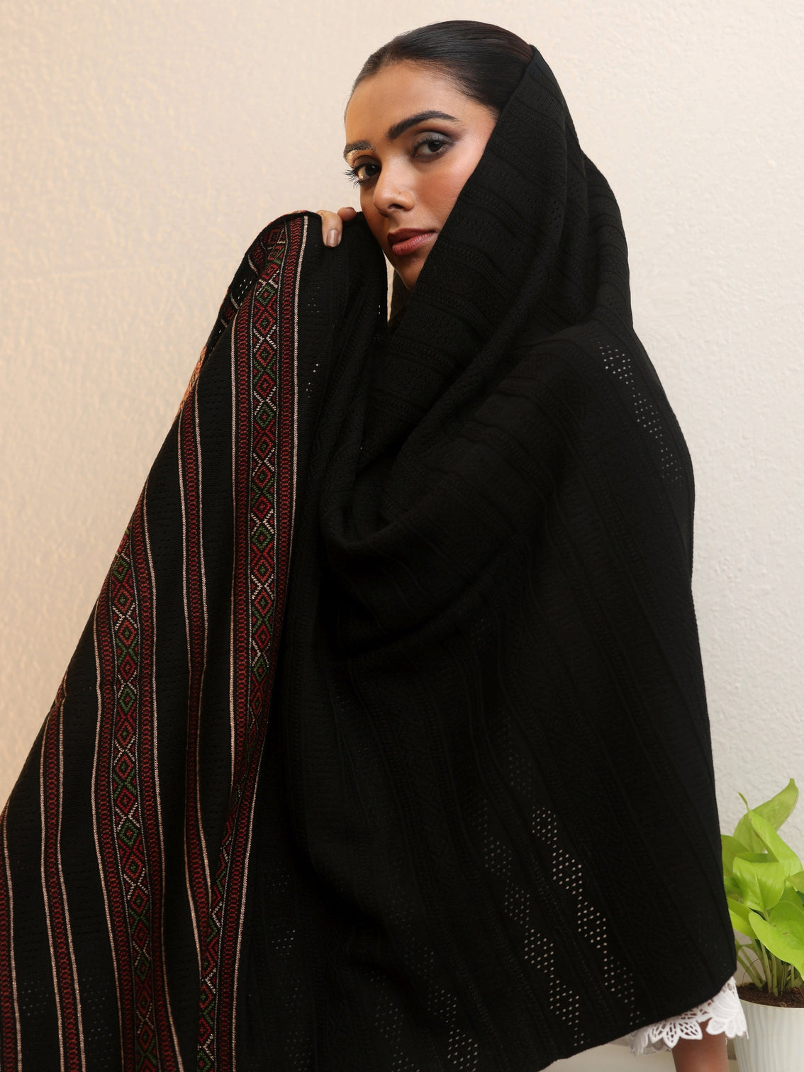 Mameraa Black Ethnic Knitted Acrylic Wrap Shawl