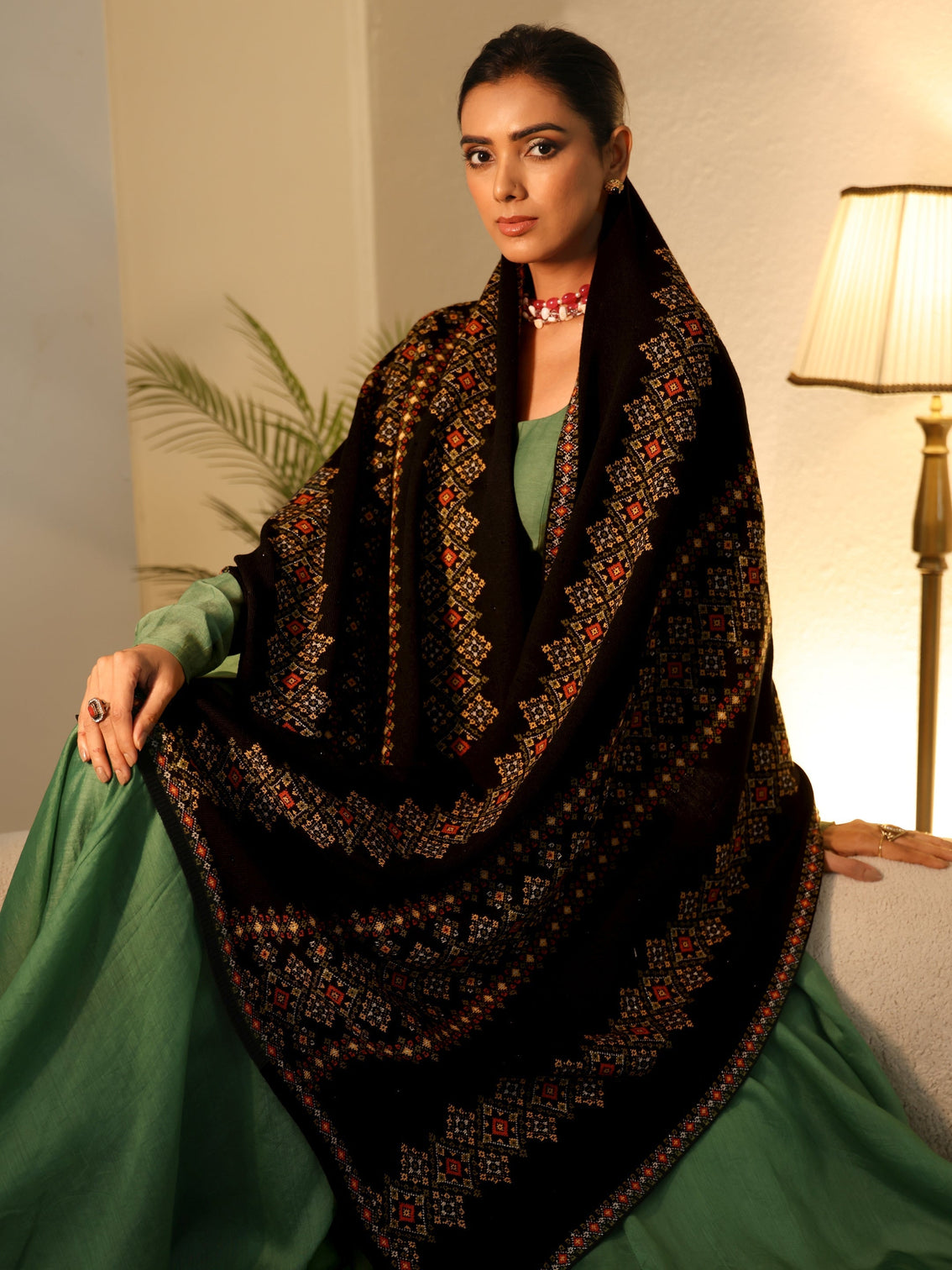Mameraa Black Ethnic Knitted Acrylic Wrap Shawl