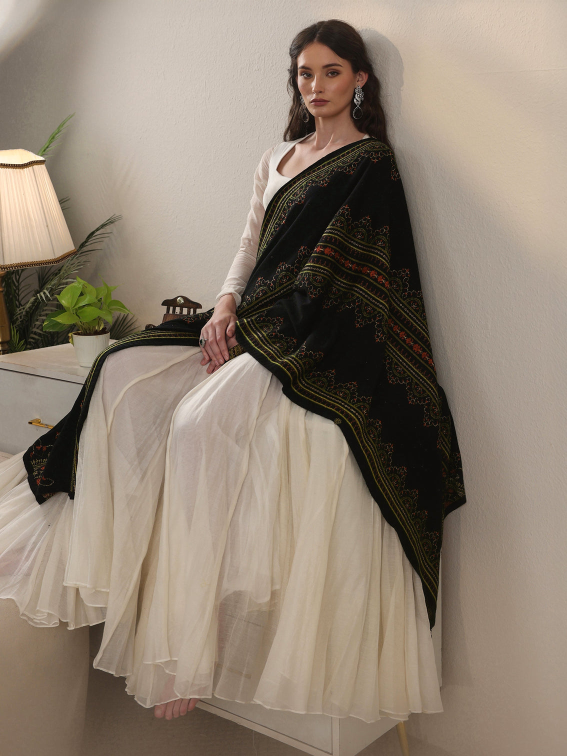 Mameraa Black Ethnic Knitted Acrylic Wrap Shawl
