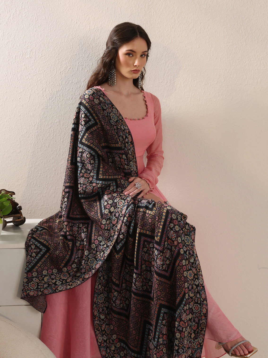 Mameraa Black Ethnic Knitted Acrylic Wrap Shawl