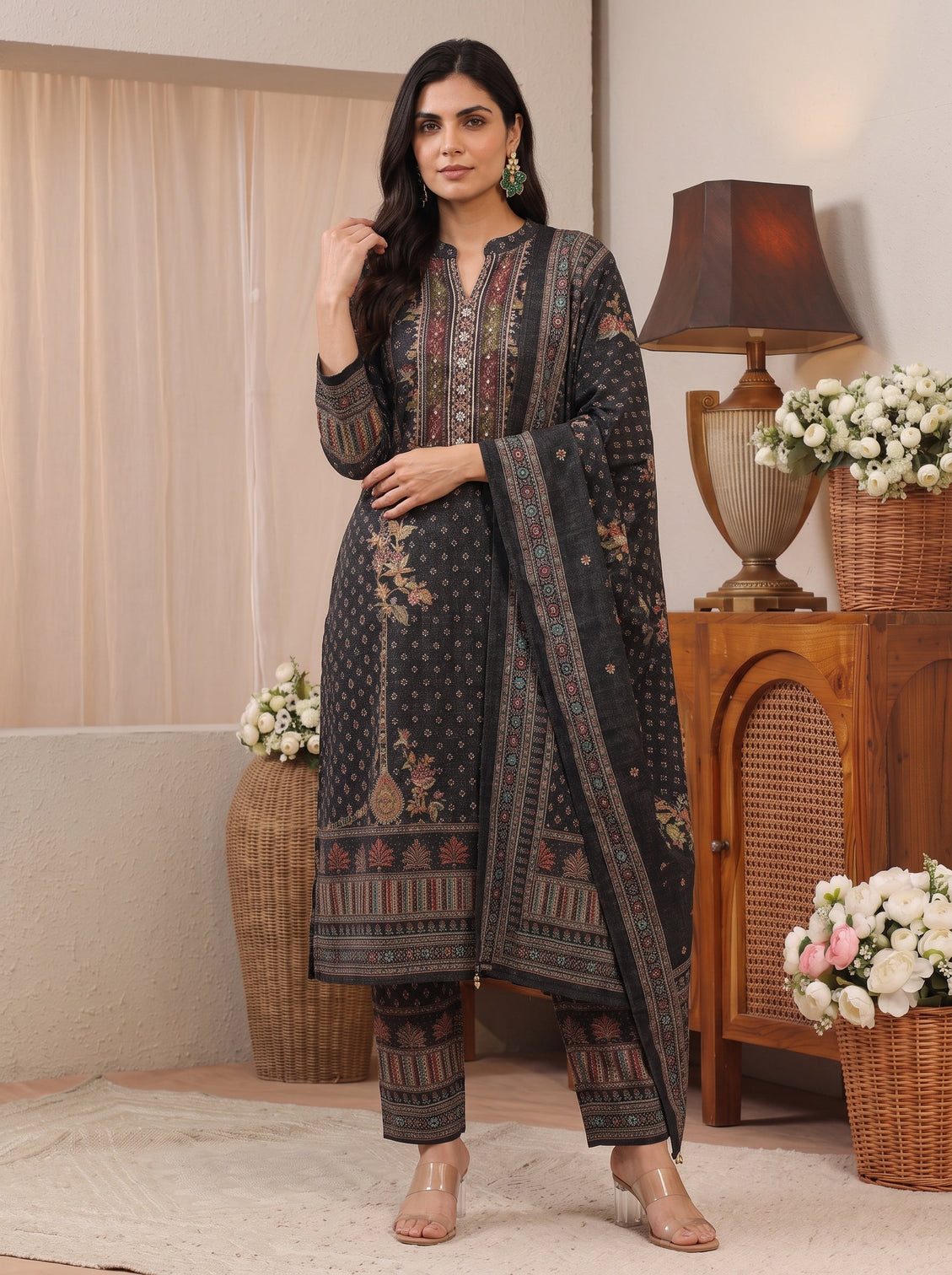 Mameraa Black Ethnic Motif Printed Wool Straight Suit Set