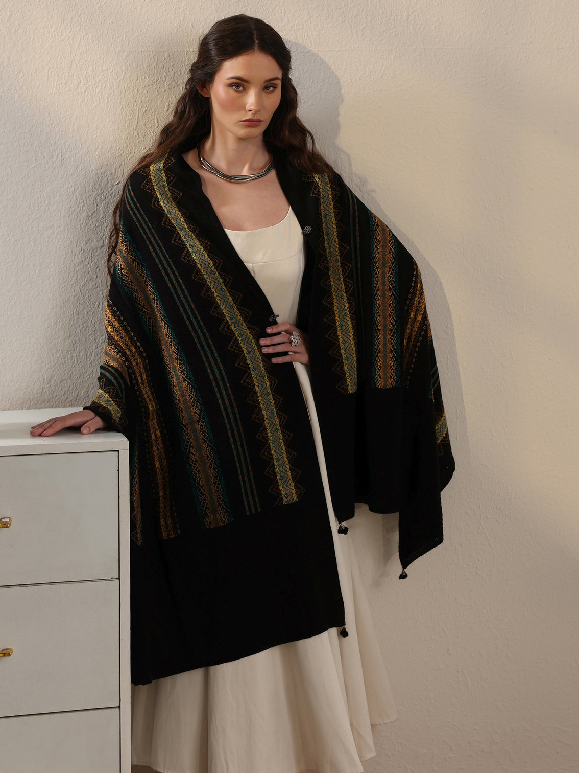 Mameraa Black Ethnic Striped Embroidered Acrylic Wrap Shawl