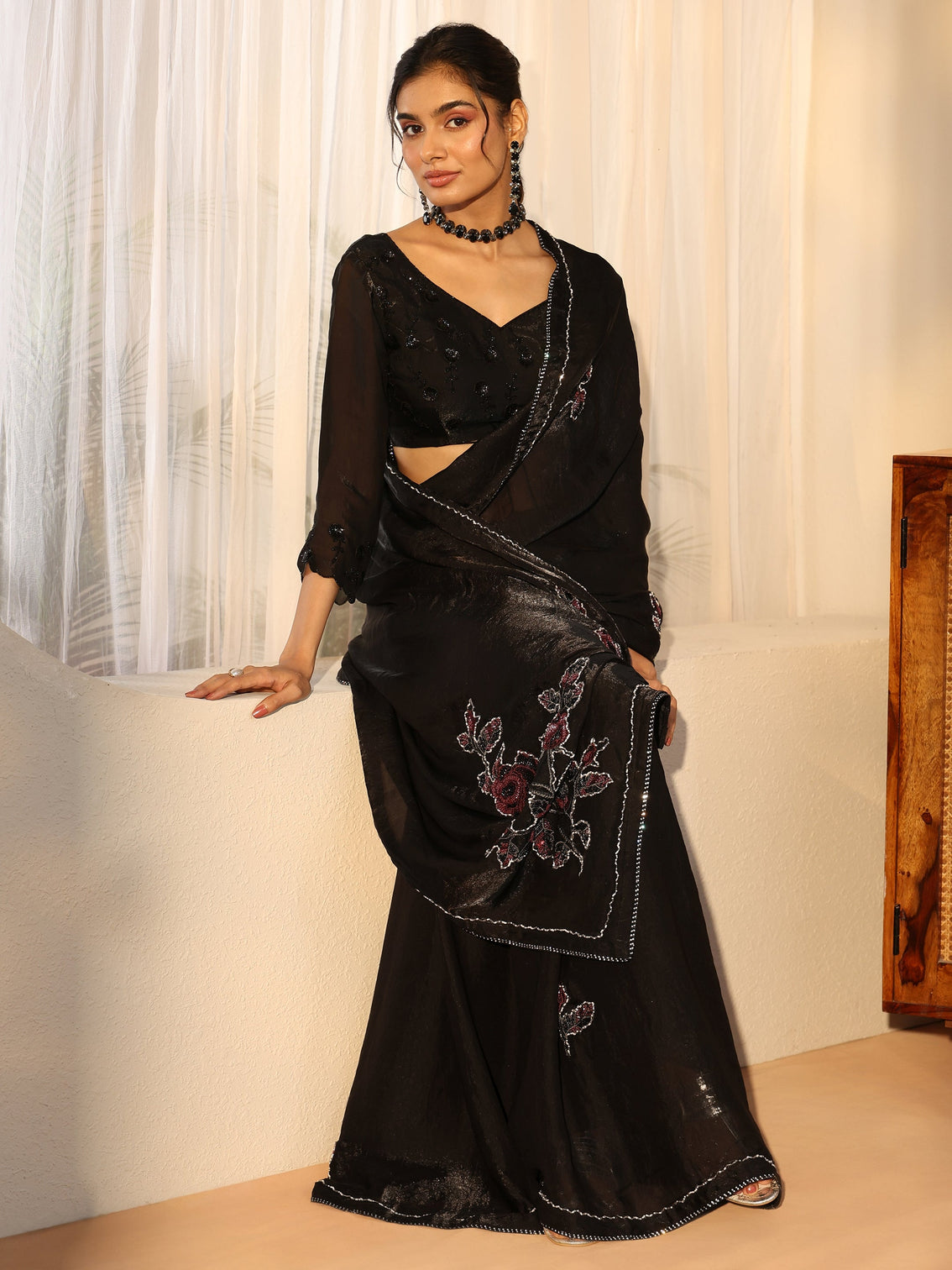 Mameraa Black Floral Applique Design Satin Saree