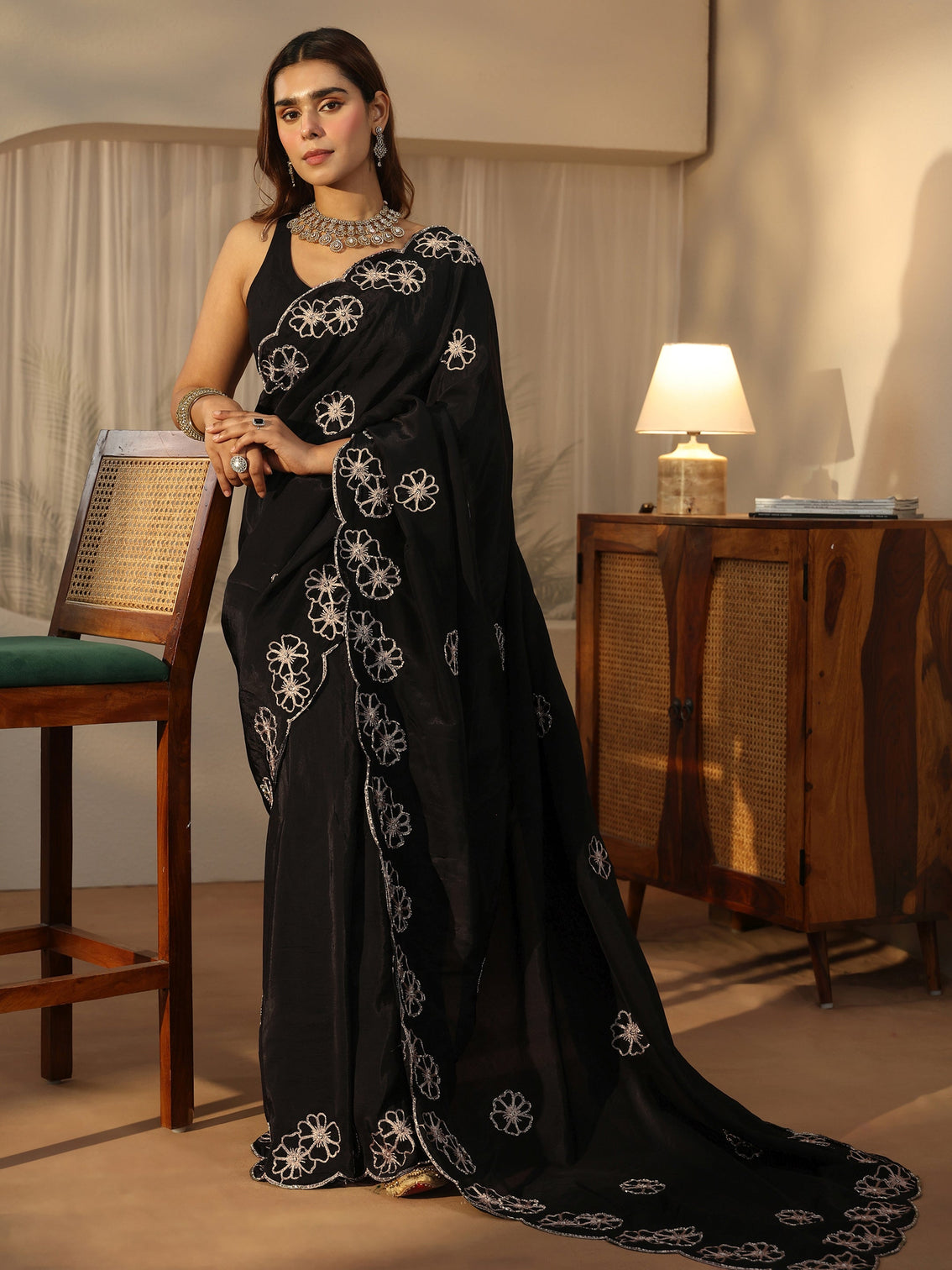 Mameraa Black Floral Embellished Satin Saree with Scalloped Border