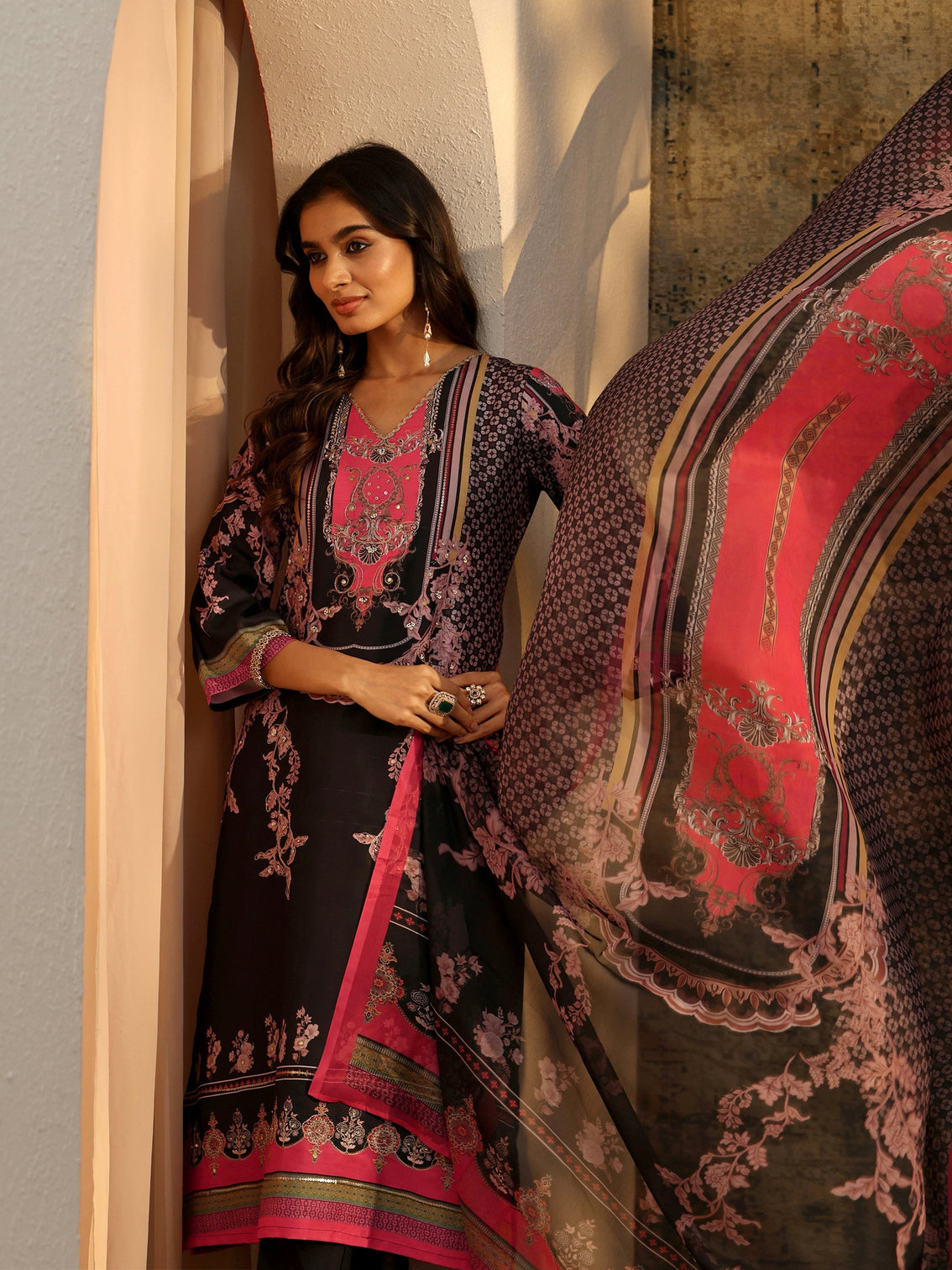 Mameraa Black Floral Embellished Silk Blend Straight Suit Set