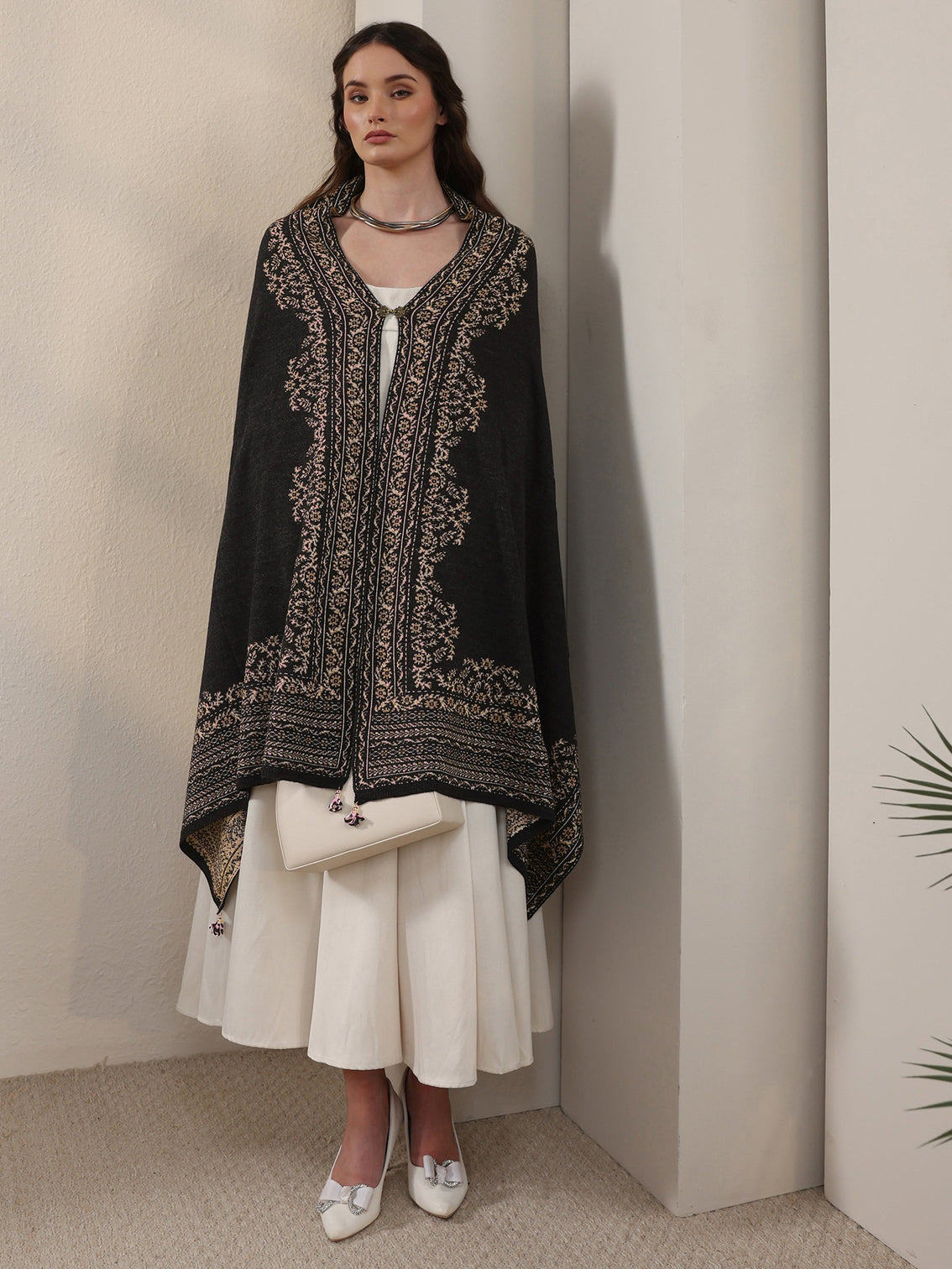 Mameraa Black Floral Embroidered Acrylic Wrap Shawl