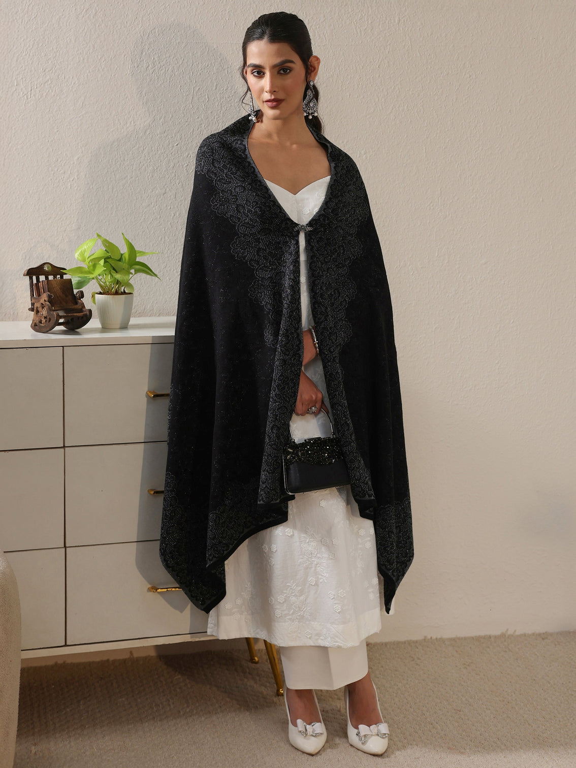 Mameraa Black Floral Embroidered Acrylic Wrap Shawl