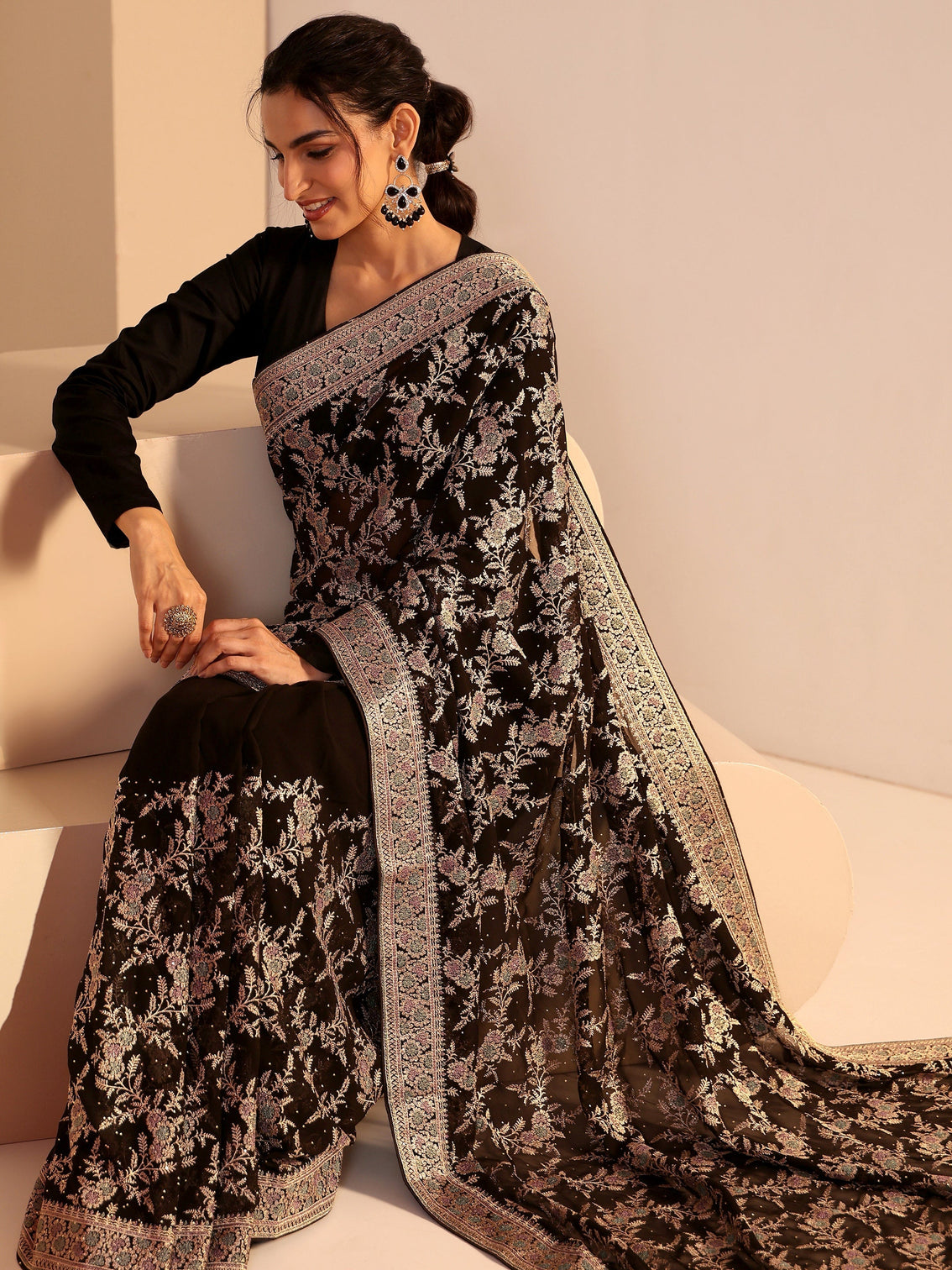 Mameraa Black Floral Embroidered Georgette Saree