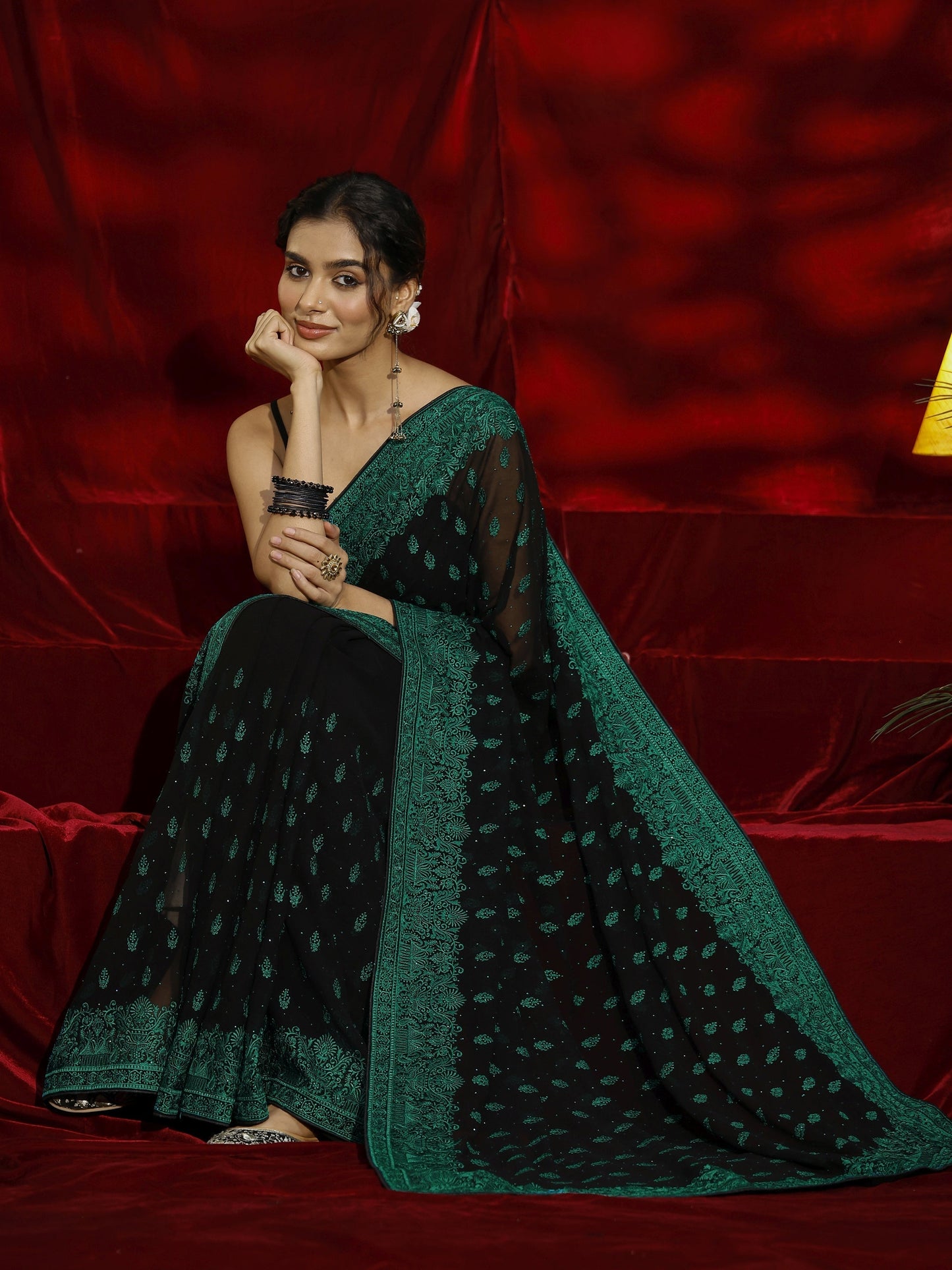 Libas Black Floral Embroidered Georgette Saree