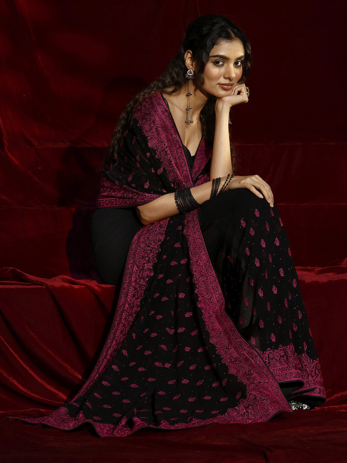 Mameraa Black Floral Embroidered Georgette Saree
