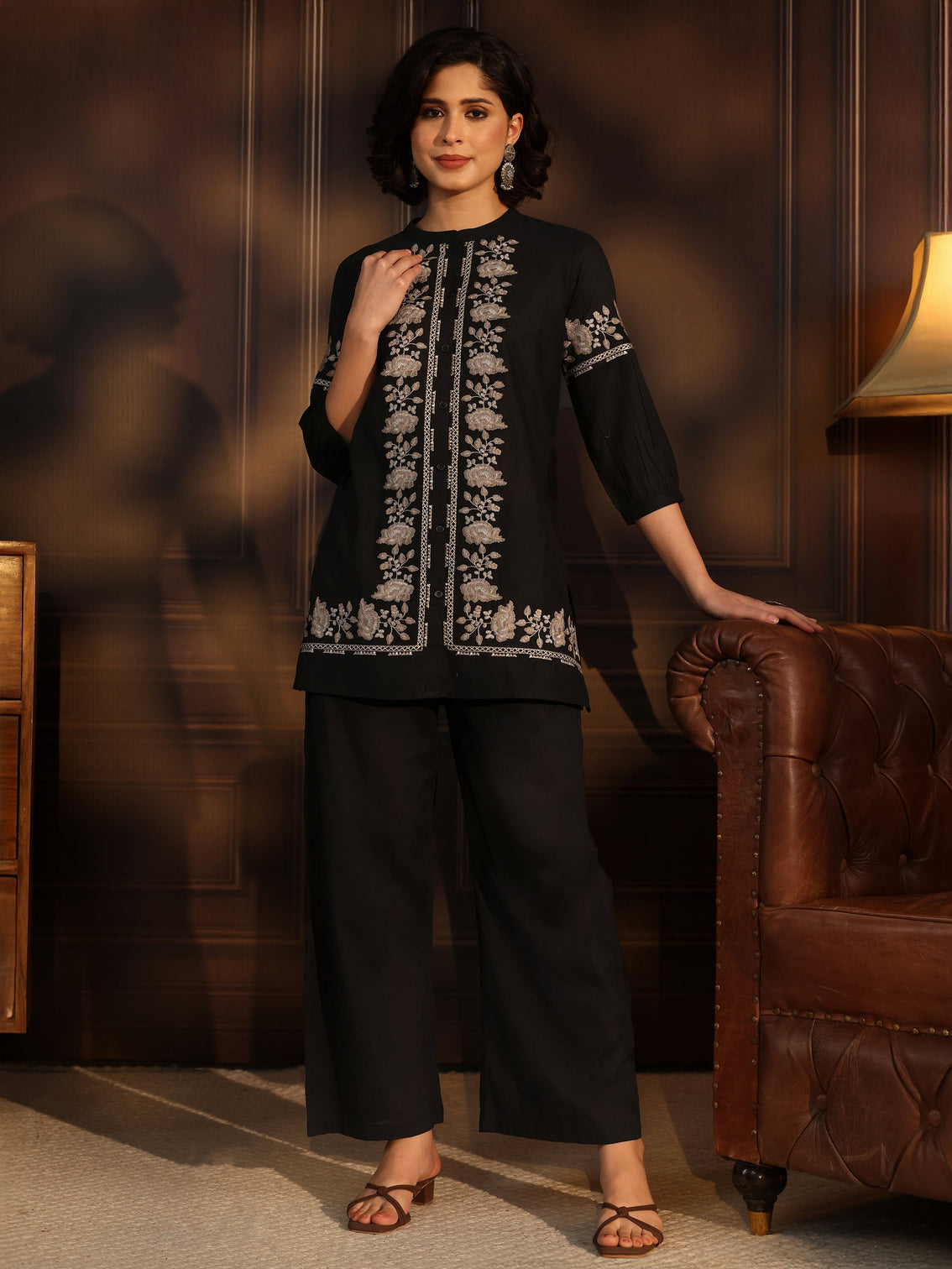 Mameraa Black Floral Embroidered Silk Blend Co-Ord Set
