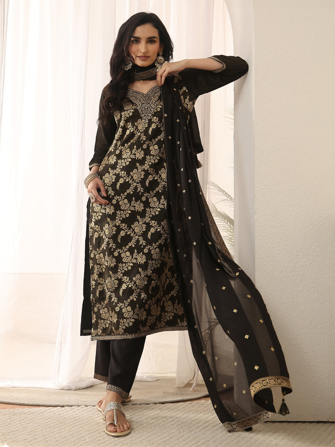 Mameraa Black Floral Embroidered Silk Blend Straight Suit Set
