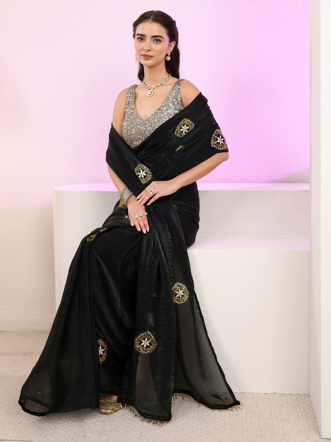 Mameraa Black Floral Embroidered Tissue Saree