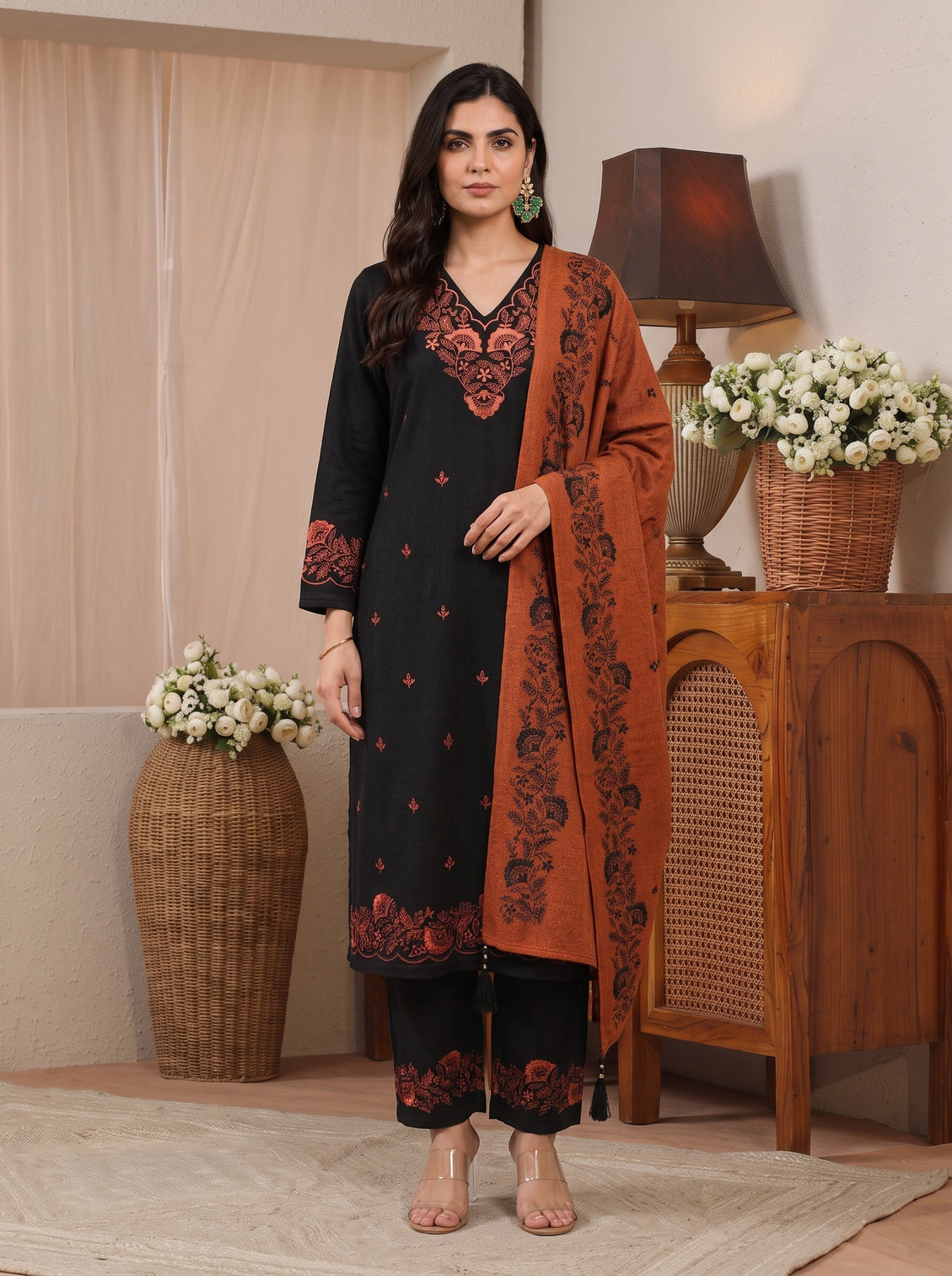 Mameraa Black Floral Embroidered Wool Straight Suit Set