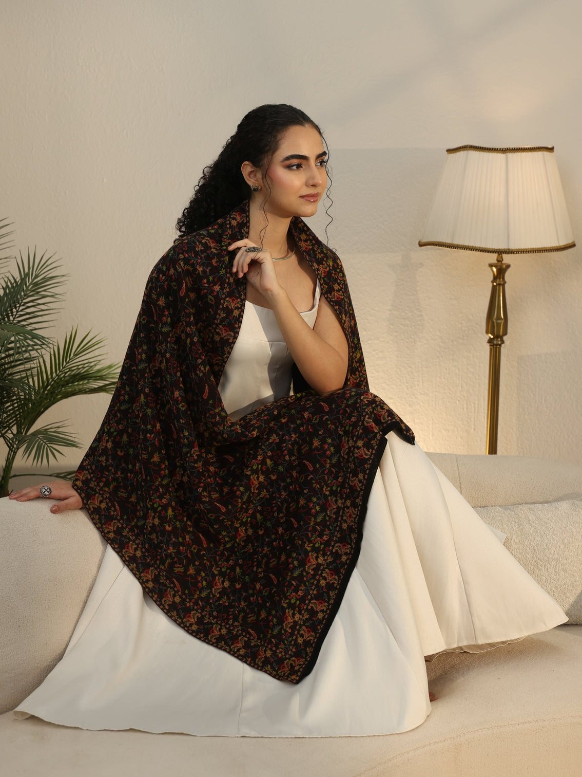 Mameraa Black Floral Knitted Acrylic Shawl
