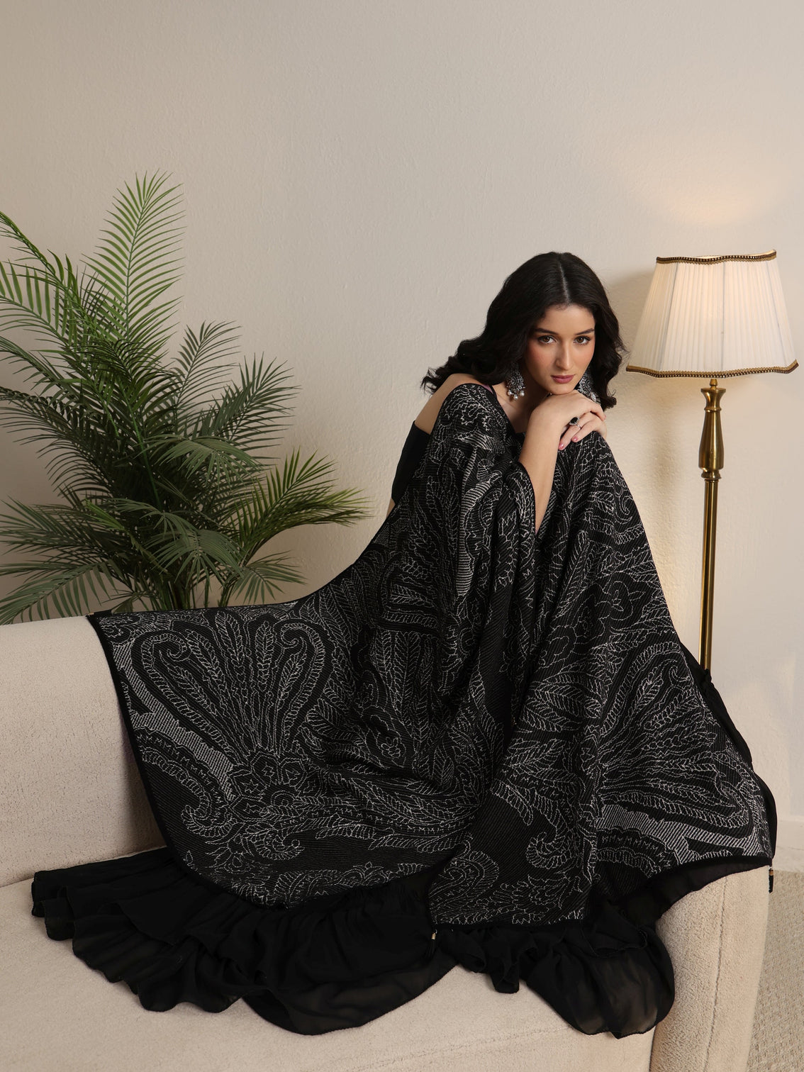 Mameraa Black Floral Knitted Acrylic Wrap Shawl