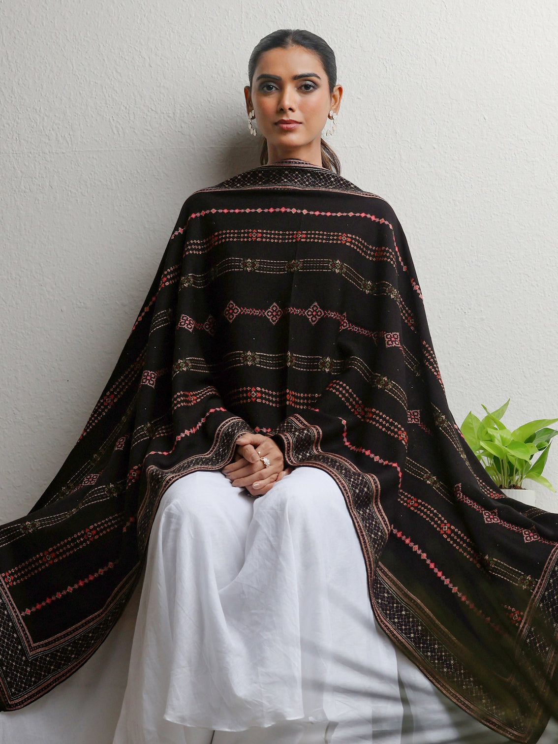 Mameraa Black Floral Knitted Acrylic Wrap Shawl