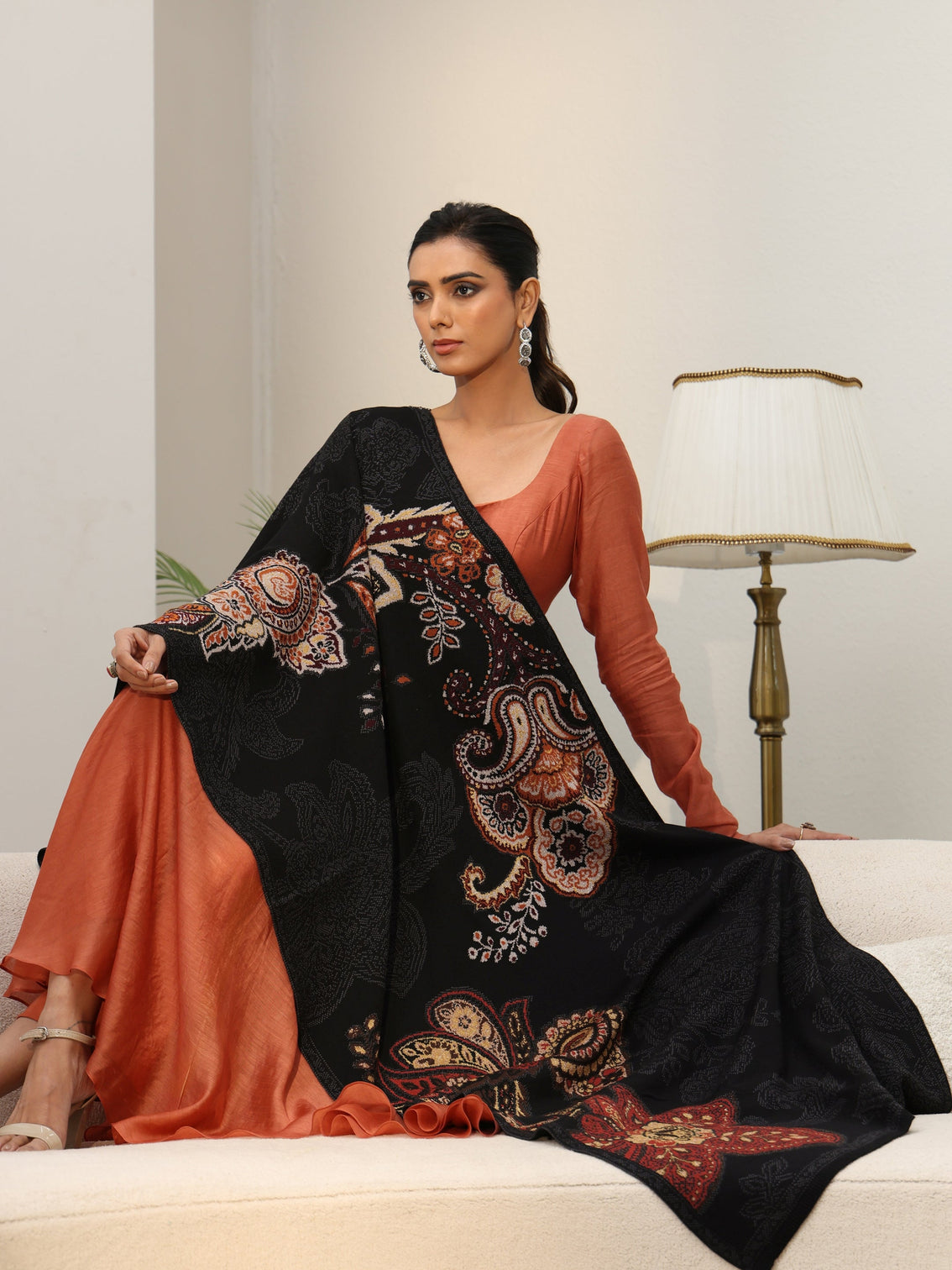 Mameraa Black Floral Knitted Acrylic Wrap Shawl