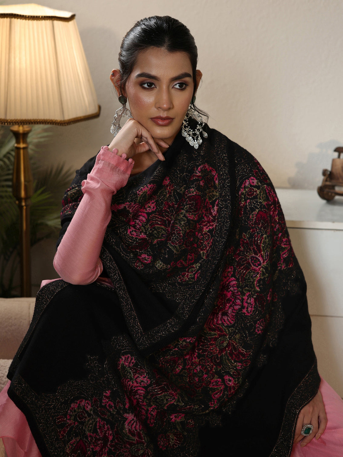 Mameraa Black Floral Knitted Acrylic Wrap Shawl