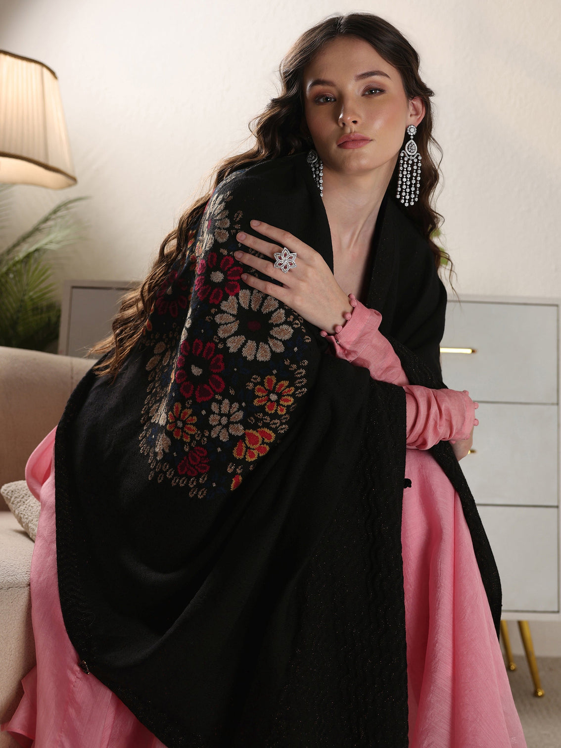 Mameraa Black Floral Mesh Knitted Acrylic Wrap Shawl