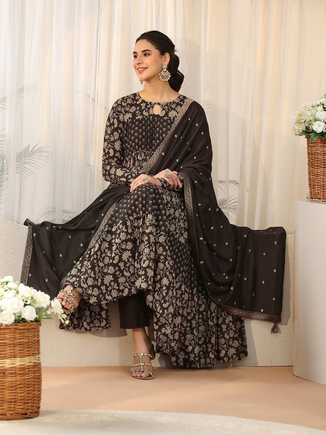 Mameraa Black Floral Printed Cotton Anarkali Suit Set