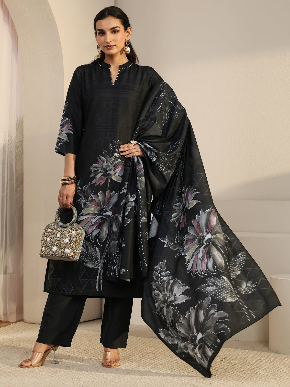 Mameraa Black Floral Printed Muslin Straight Suit Set