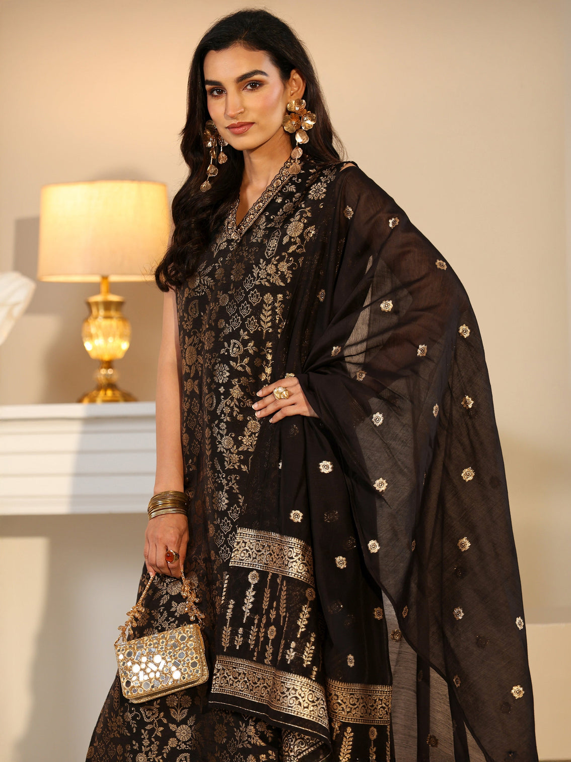 Mameraa Black Floral Woven Design Silk Blend Straight Suit Set