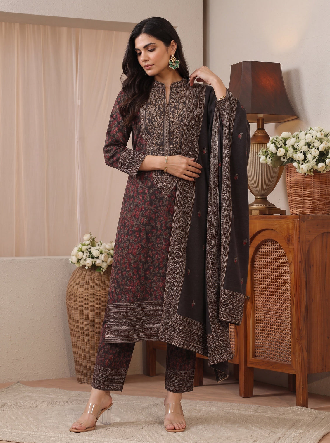 Mameraa Black Floral Woven Design Wool Straight Suit Set