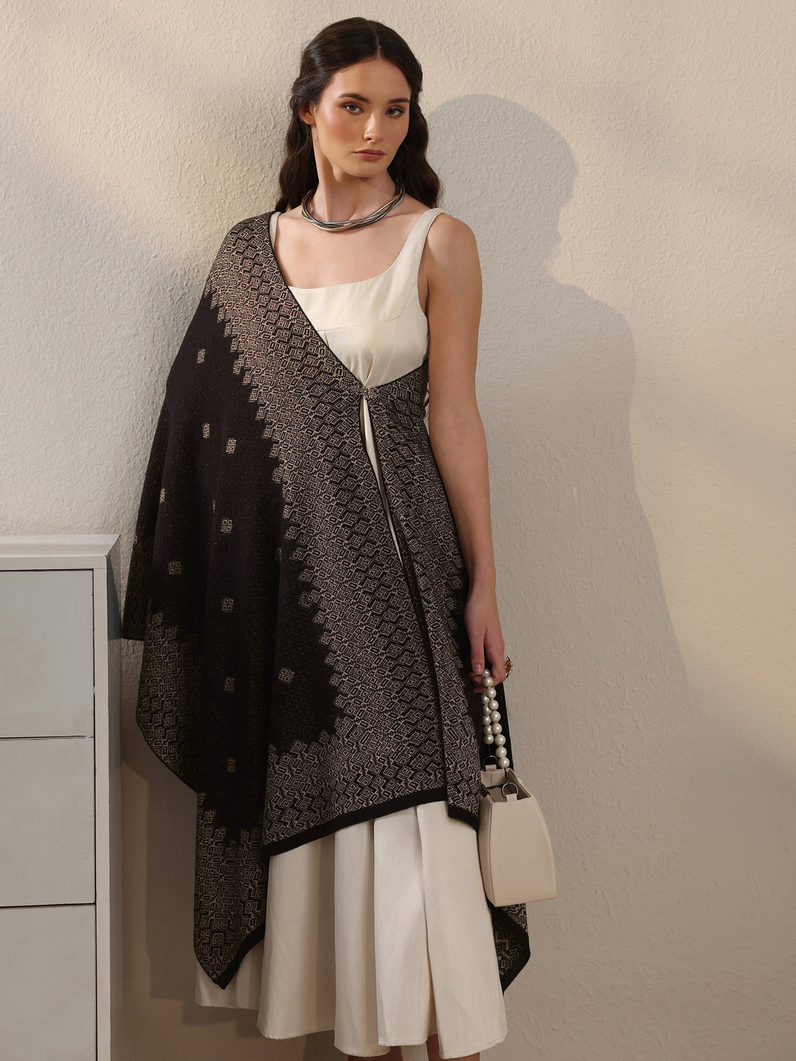 Mameraa Black Geometric Embroidered Acrylic Wrap Shawl - Mameraa