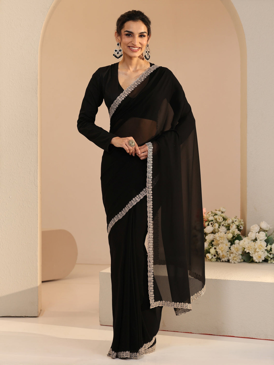 Mameraa Black Georgette Saree with Embroidered Border