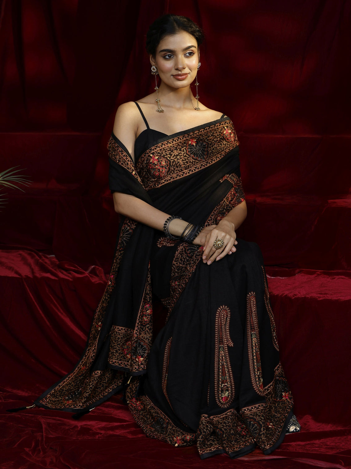 Mameraa Black Paisley Embroidered Silk blend Saree